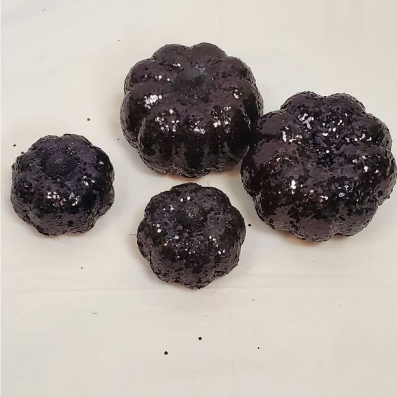 Set of 4 Black Glitter Pumpkins 2” & 4” Halloween Decor - Picture 1 of 5